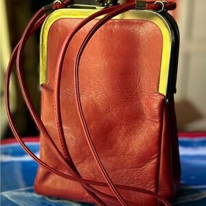 Vintage Coach Double Entry Swinger Stripe Lining Red Leather Bonnie Cashin